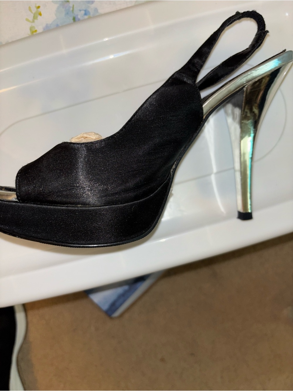 Charlotte Russe Black Satin Slingback Heels with Silver Stiletto